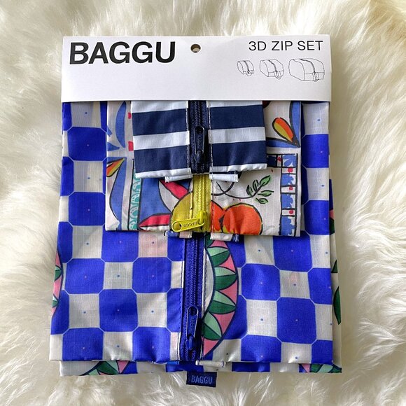 NWT Baggu 3D Zip Set - Vacation Tiles (Cherry Tile, Sunshine Tile, Navy Stripe) - Picture 2 of 7